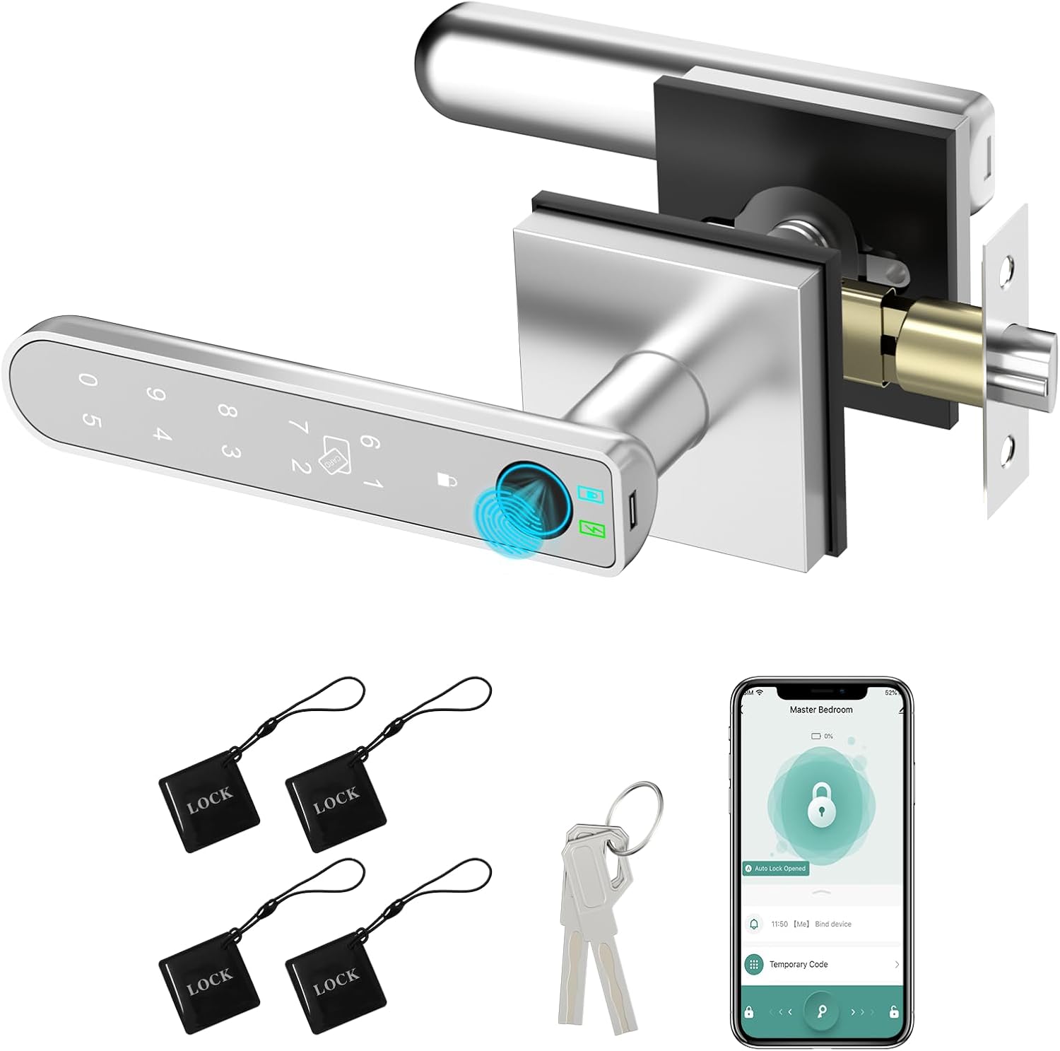 Foxgard Smart Fingerprint Door Lock:Fingerprint Door Knob-Biometric 5-in-1 Finger Print Door Lock-Thumb Print Door Knob for Bedroom-APP Control-Easy Installation–Square Black–1 Pack