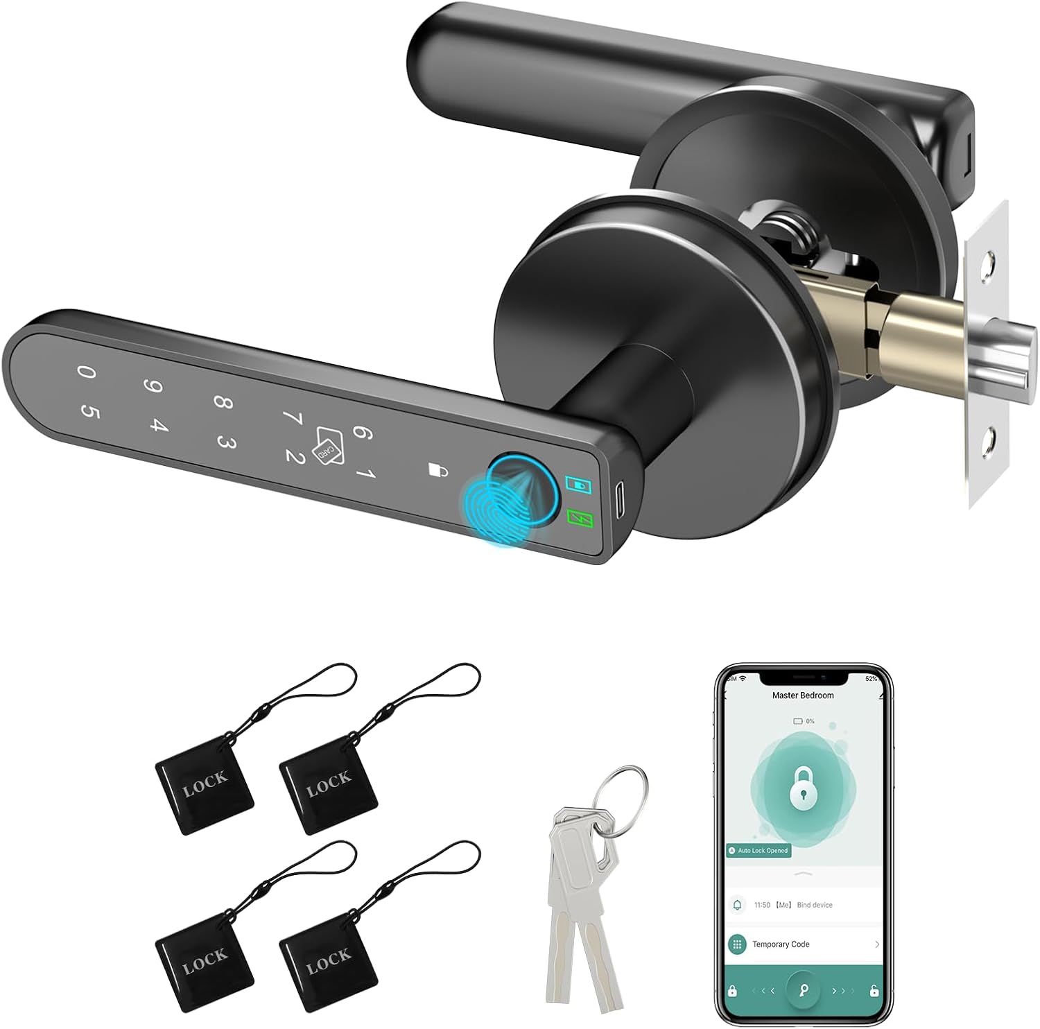 Foxgard Smart Fingerprint Door Lock:Fingerprint Door Knob-Biometric 5-in-1 Finger Print Door Lock-Thumb Print Door Knob for Bedroom-APP Control-Easy Installation–Square Black–1 Pack