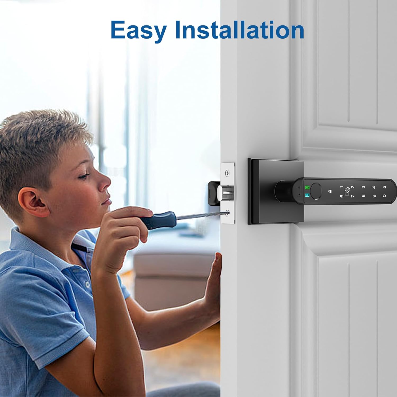Foxgard Smart Fingerprint Door Lock:Fingerprint Door Knob-Biometric 5-in-1 Finger Print Door Lock-Thumb Print Door Knob for Bedroom-APP Control-Easy Installation–Square Black–1 Pack
