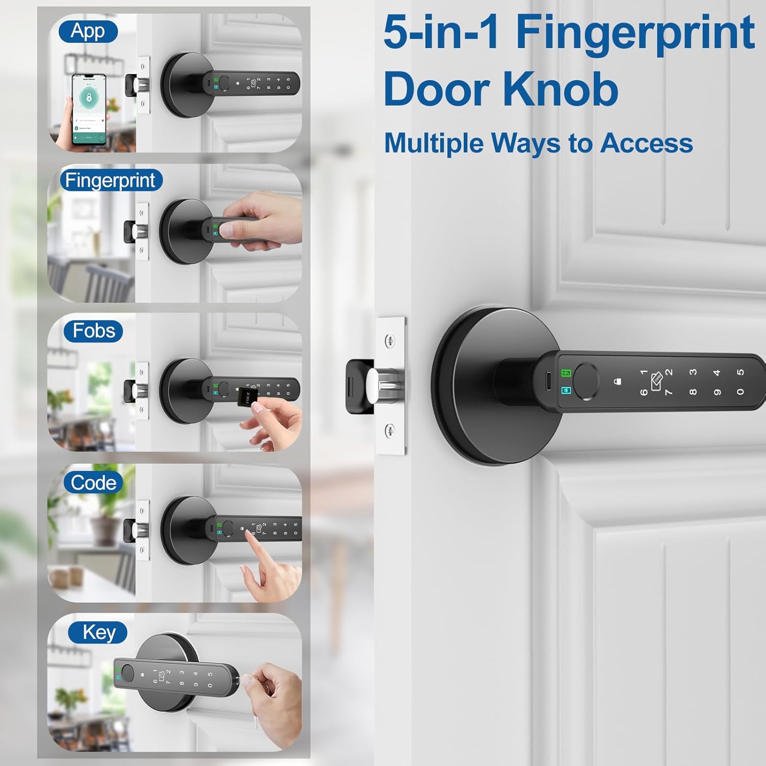 Foxgard Smart Fingerprint Door Lock:Fingerprint Door Knob-Biometric 5-in-1 Finger Print Door Lock-Thumb Print Door Knob for Bedroom-APP Control-Easy Installation–Square Black–1 Pack