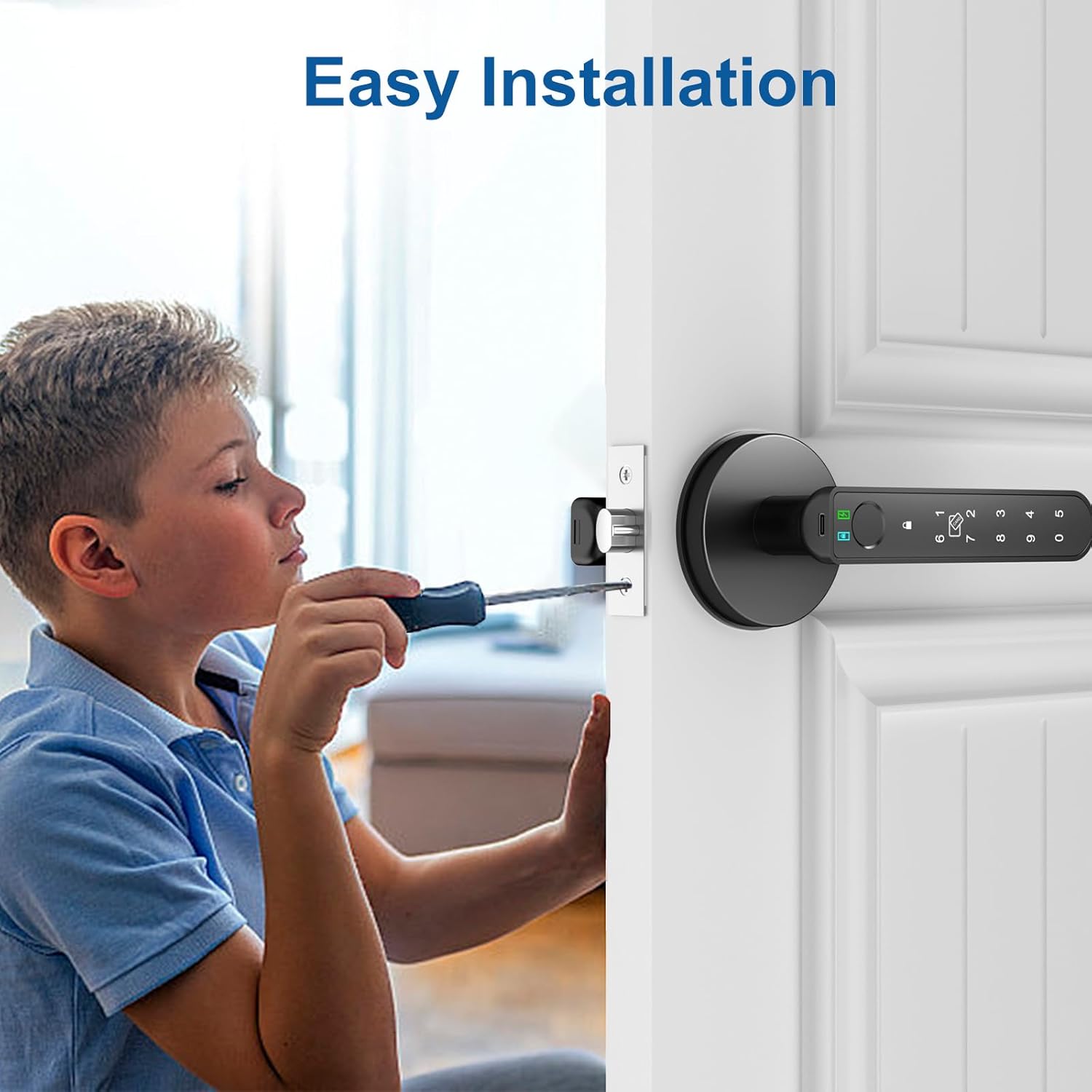 Foxgard Smart Fingerprint Door Lock:Fingerprint Door Knob-Biometric 5-in-1 Finger Print Door Lock-Thumb Print Door Knob for Bedroom-APP Control-Easy Installation–Square Black–1 Pack