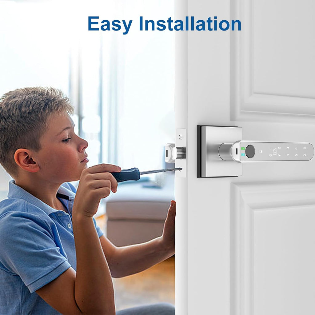 Foxgard Smart Fingerprint Door Lock:Fingerprint Door Knob-Biometric 5-in-1 Finger Print Door Lock-Thumb Print Door Knob for Bedroom-APP Control-Easy Installation–Square Black–1 Pack