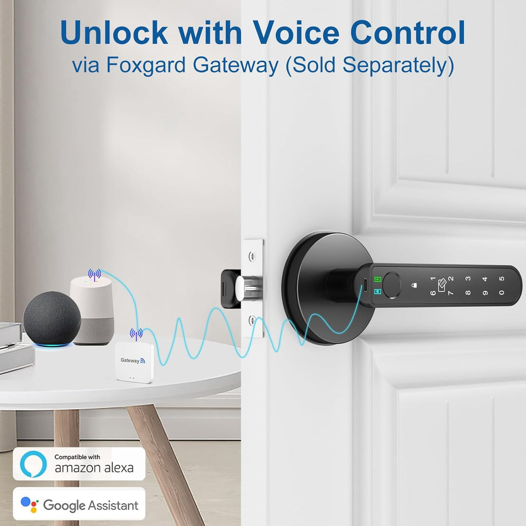 Foxgard Smart Fingerprint Door Lock:Fingerprint Door Knob-Biometric 5-in-1 Finger Print Door Lock-Thumb Print Door Knob for Bedroom-APP Control-Easy Installation–Square Black–1 Pack