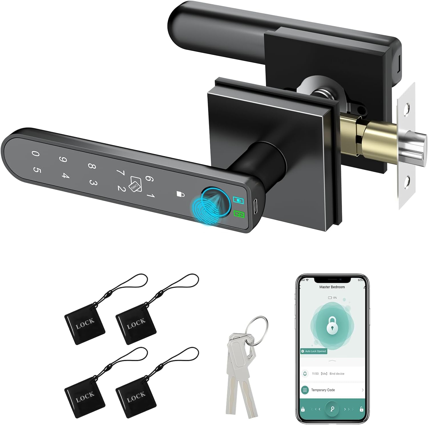 Foxgard Smart Fingerprint Door Lock:Fingerprint Door Knob-Biometric 5-in-1 Finger Print Door Lock-Thumb Print Door Knob for Bedroom-APP Control-Easy Installation–Square Black–1 Pack
