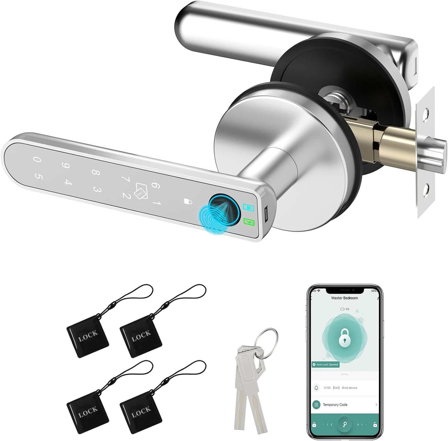 Foxgard Smart Fingerprint Door Lock:Fingerprint Door Knob-Biometric 5-in-1 Finger Print Door Lock-Thumb Print Door Knob for Bedroom-APP Control-Easy Installation–Square Black–1 Pack