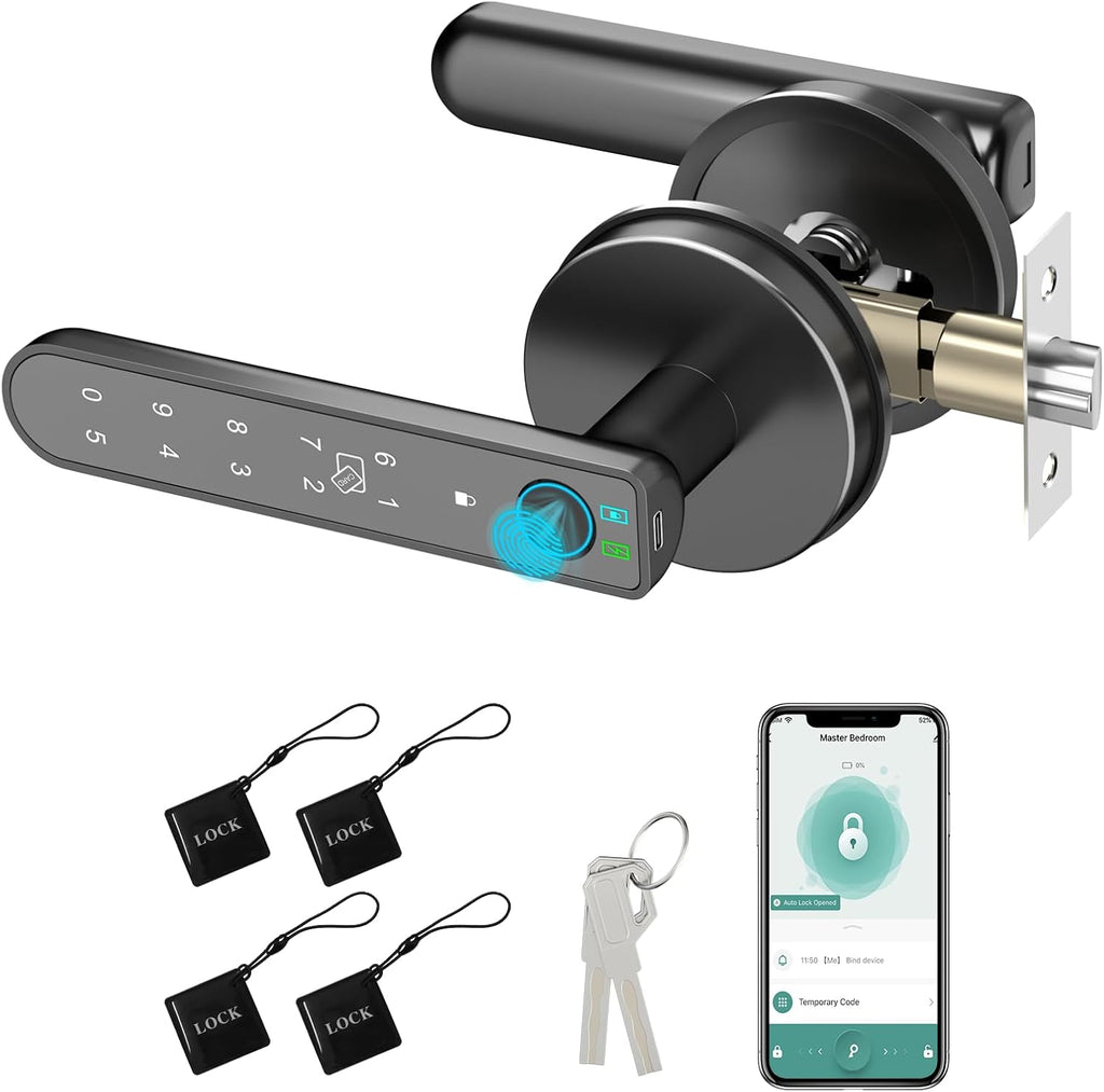Foxgard Smart Fingerprint Door Lock:Fingerprint Door Knob-Biometric 5-in-1 Finger Print Door Lock-Thumb Print Door Knob for Bedroom-APP Control-Easy Installation–Square Black–1 Pack
