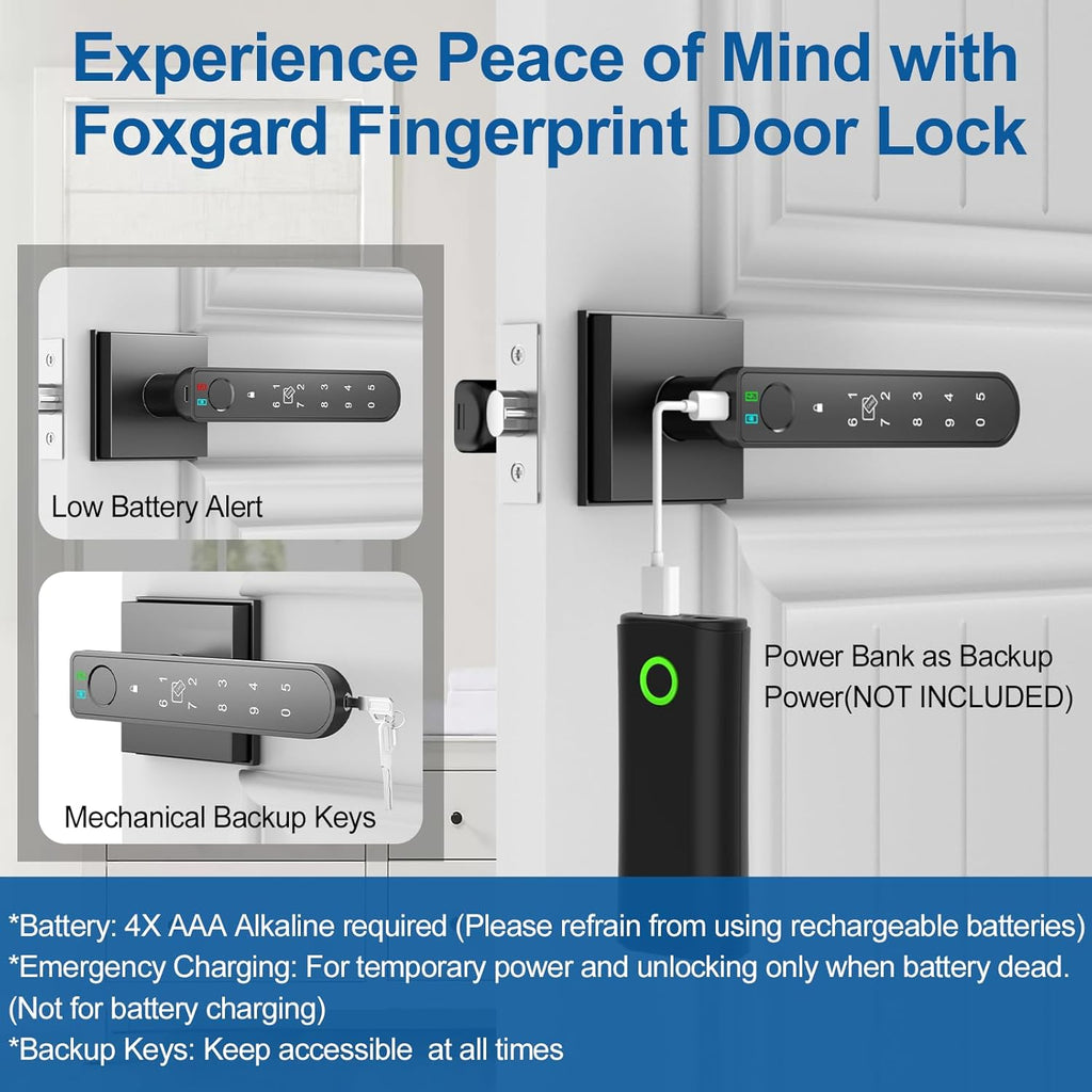 Foxgard Smart Fingerprint Door Lock:Fingerprint Door Knob-Biometric 5-in-1 Finger Print Door Lock-Thumb Print Door Knob for Bedroom-APP Control-Easy Installation–Square Black–1 Pack