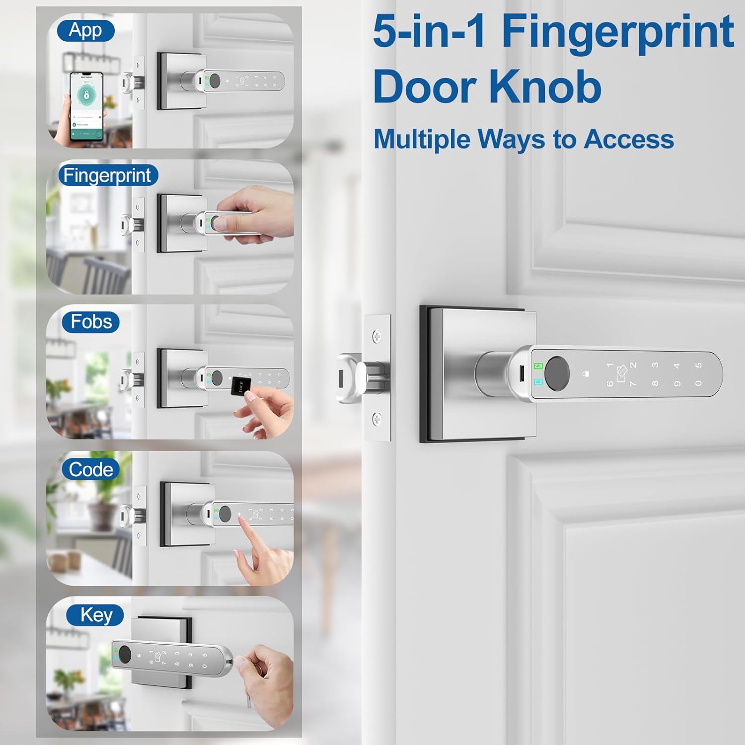 Foxgard Smart Fingerprint Door Lock:Fingerprint Door Knob-Biometric 5-in-1 Finger Print Door Lock-Thumb Print Door Knob for Bedroom-APP Control-Easy Installation–Square Black–1 Pack