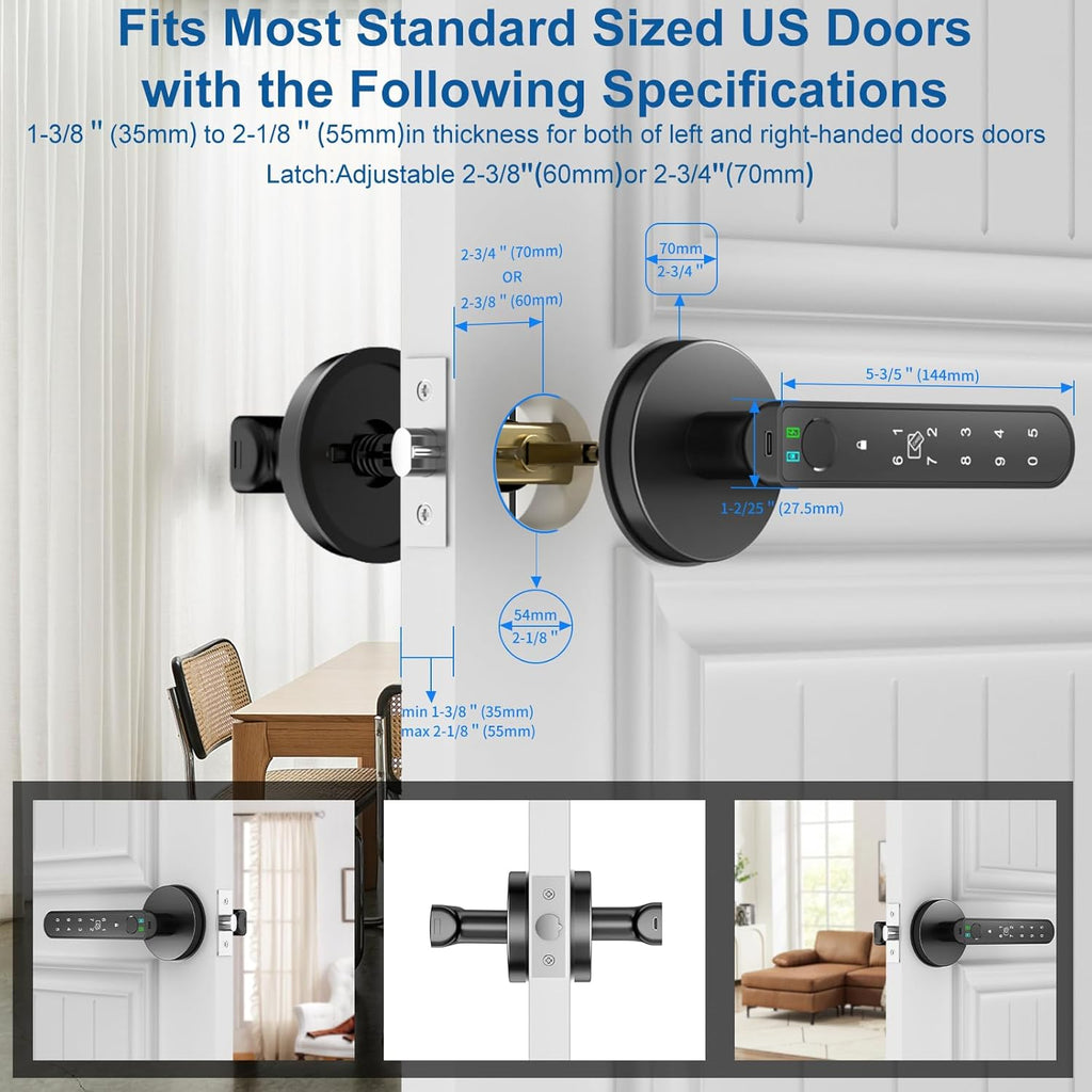 Foxgard Smart Fingerprint Door Lock:Fingerprint Door Knob-Biometric 5-in-1 Finger Print Door Lock-Thumb Print Door Knob for Bedroom-APP Control-Easy Installation–Square Black–1 Pack